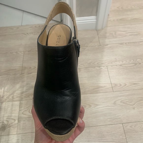 Gucci black leather Charlotte Platform espadrille wedge slingback. - Picture 4 of 5